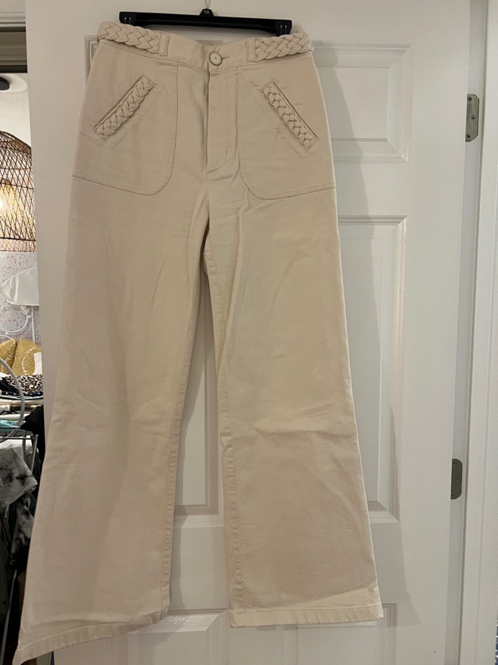 High-Rise Cream Wide Leg Jeans with Braided Waist